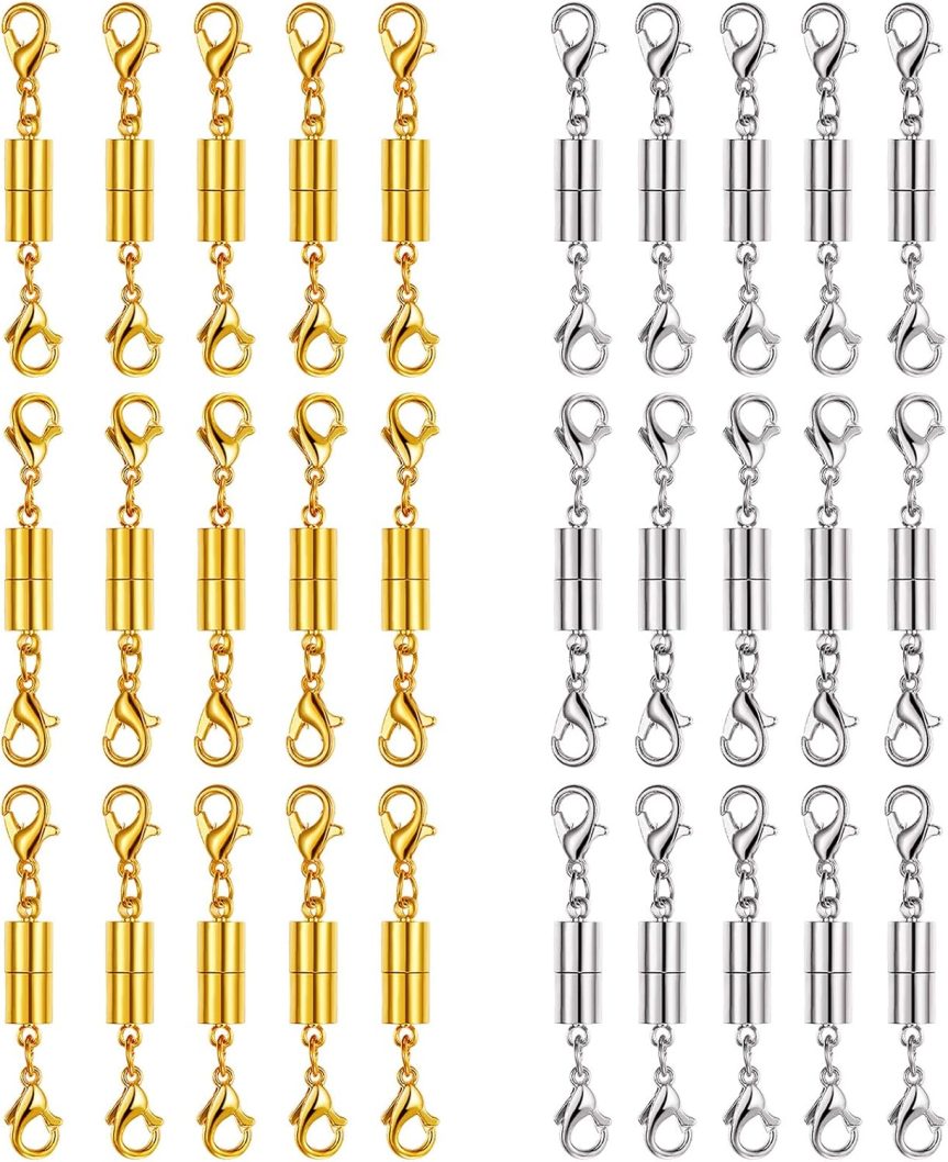 30 Piece Gold and Silver Necklace Clasps Magnetic Jewelry Locking Clasps and Closures Bracelet Lobster Clasp Connector for DIY Necklace Bracelet Jewelry Crafts Making Supplies