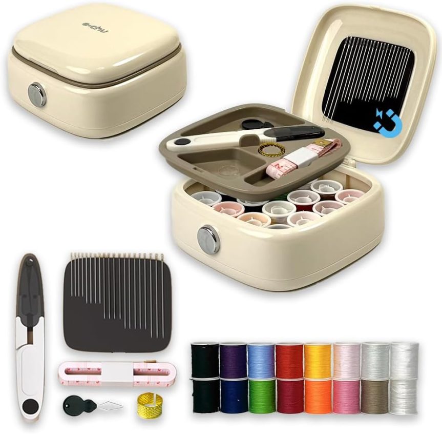 Sewing Kit Magnetic, Needle and Thread Kit with Sewing Supplies Travel Small Sewing Kit Portable for Adults Beginners (White)